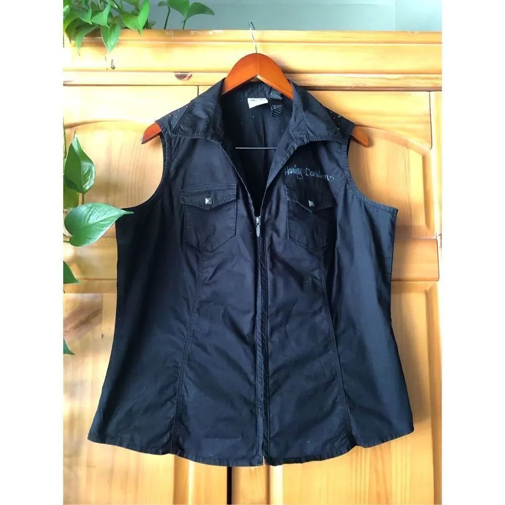 Harley Davidson Womens 1W Black Studded Moto Vest Graphic Back - Picture 5 of 14